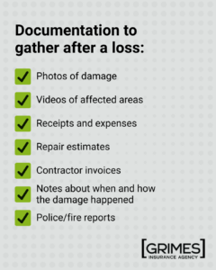 Image contains a list of documentation to gather after an insurance loss. The list reads "photos of damage, videos of affected areas, receipts and expenses, repair estimates, contractor invoices, notes about when and how the damage happened, and police/fire reports".