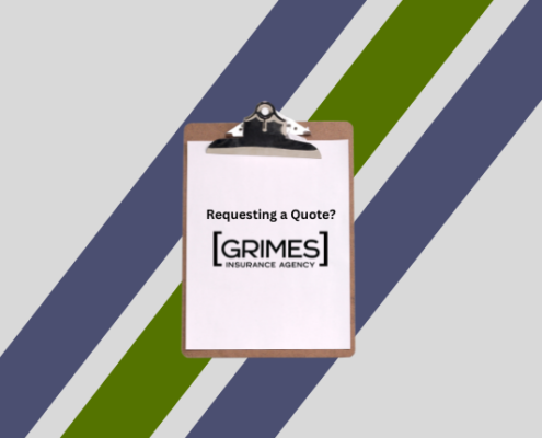 Blog Thumbnail depicting the text "Requesting a Quote?" with the Grimes Insurance logo on a clipboard. The clipboard is in front of a grey background with navy and green stripes.