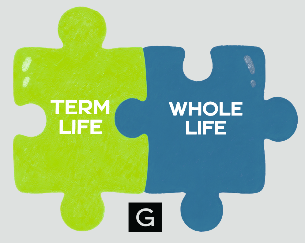 Graphic of two puzzle pieces pieced together. One puzzle piece reads "term life" and the other reads "whole life". 