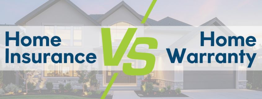 Title page, overlay text "Home insurance vs. home warranty" over an image of a home in the background