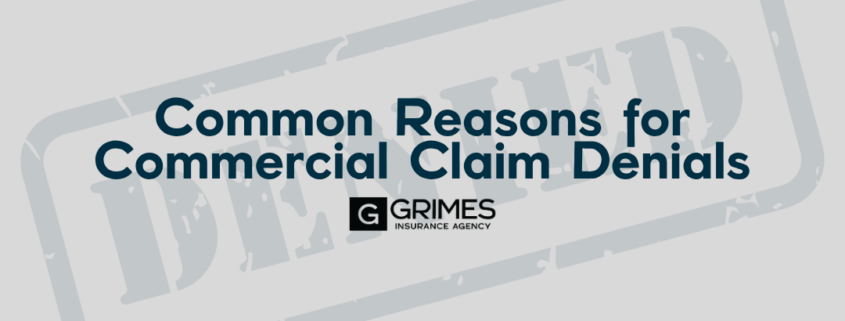 Blog Title Page with image of a "denied" stamp and overlay text reading "Common Reasons for Commercial Claim Denials"