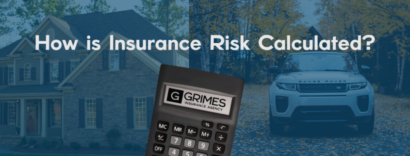 Title image with overlay text "how is insurance risk calculated?", on top of a faded background image of a home and vehicle. A graphic of a calculator is placed in the bottom middle of the image with the Grimes logo on its screen.