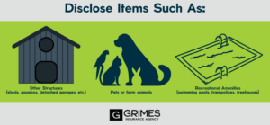 Graphic outlines of a shed, group of animals and a swimming pool with overlay text "Disclose Items Such as:"
