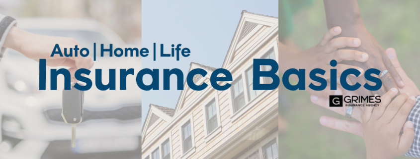 Title Page with overlay text: auto, home, life insurance basics