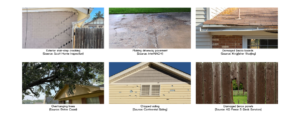 Image of 6 examples of home damage inspectors look for. Examples include: damaged fence panels, damaged fascia boards, chipped siding, flaking driveway pavement, stair-stepping siding cracks, and overhanging trees onto a home's roof.