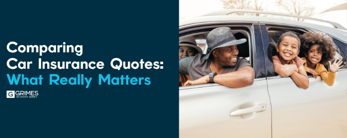 Title image with overlay text reading "comparing car insurance quotes: What really matter" with an image of a family, smiling in a vehicle aligned to the right