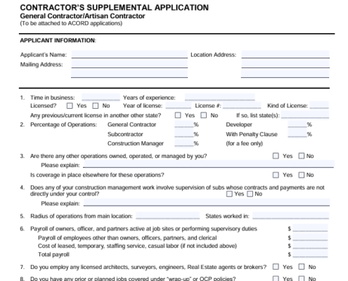 Screenshot of the first page of an example contactor supplemental application page.