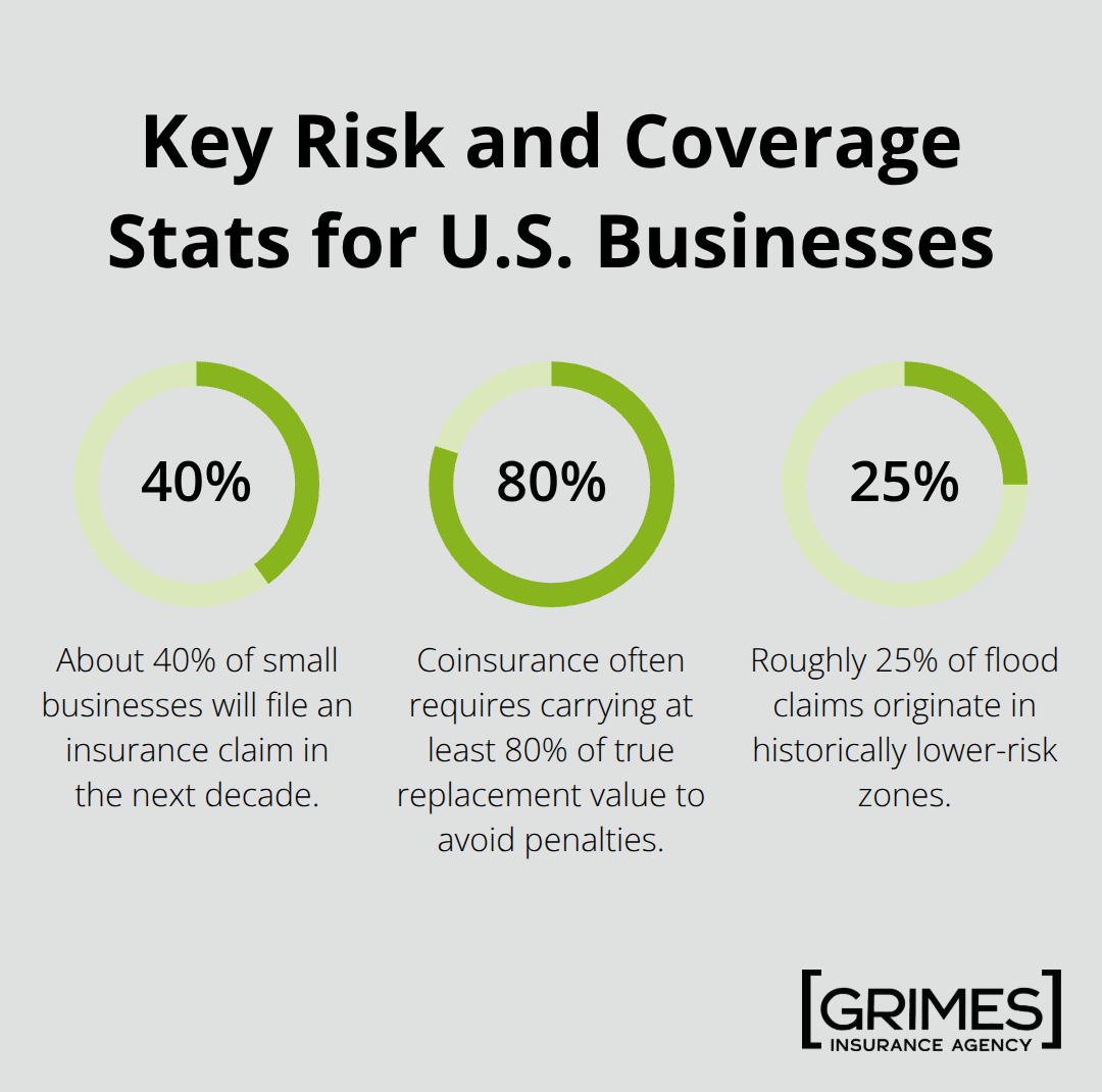 Percentages highlighting claims likelihood, coinsurance thresholds, and flood risk - Commercial property insurance tips