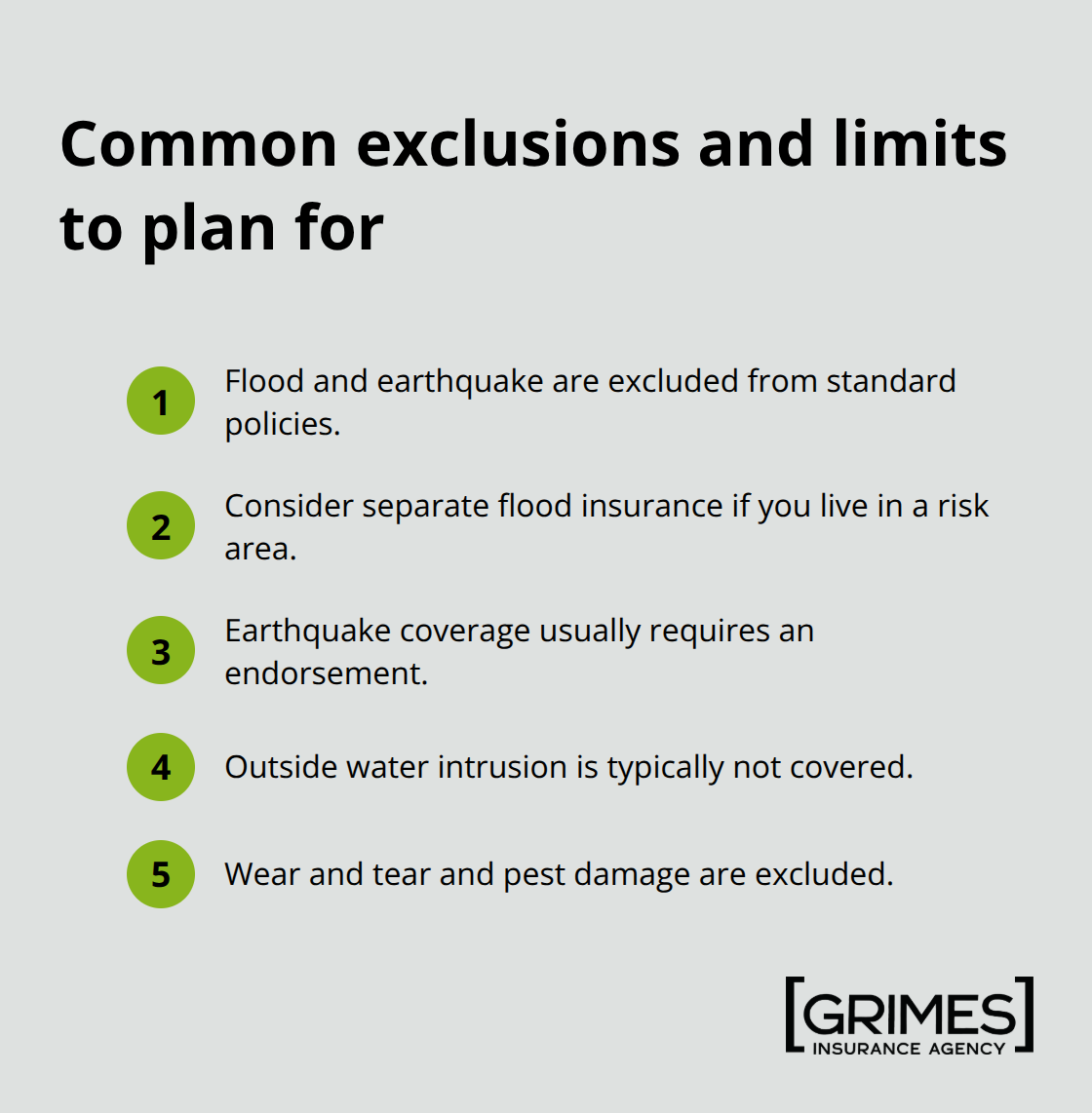 Compact list of key renters insurance exclusions and coverage limits