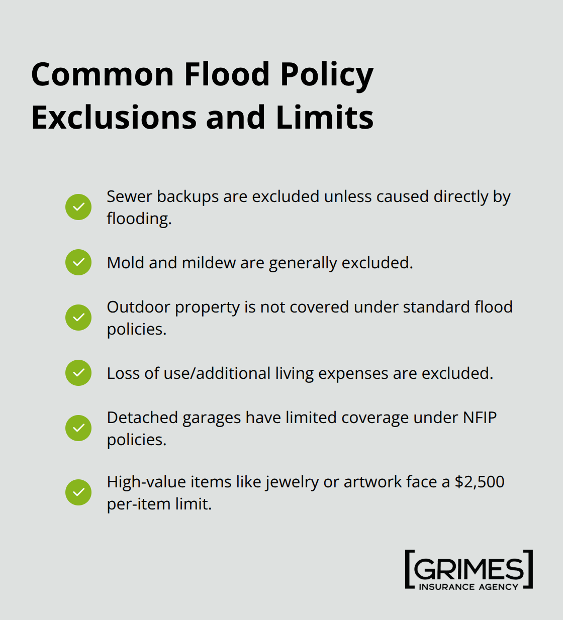 Checklist of flood insurance exclusions and limits homeowners often overlook. - flood insurance benefits for Texas homeowners