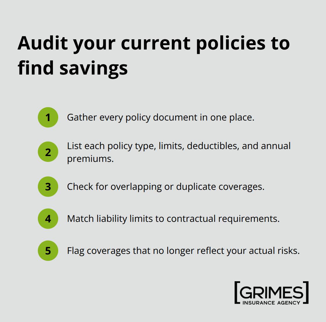 Compact checklist of steps to audit business insurance policies for savings