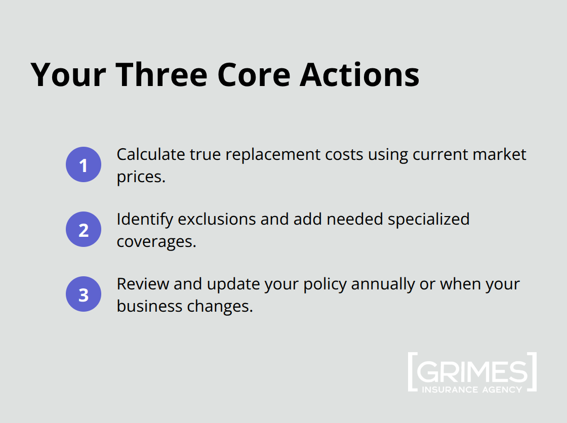 Compact checklist of the three core actions to get commercial property insurance right in the U.S. - key factors in commercial property insurance