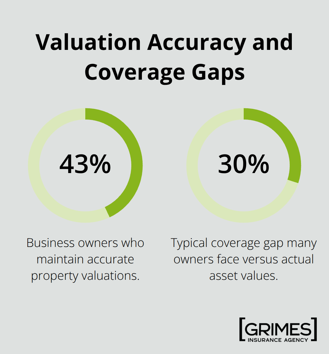 Chart showing 43% of owners maintain accurate valuations and coverage gaps exceeding 30%. - what is commercial property insurance 2025